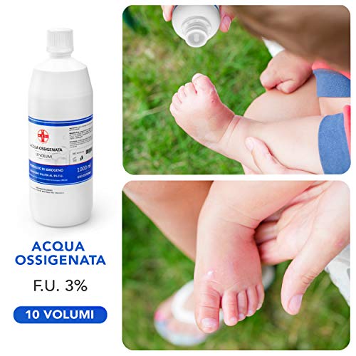 AIESI® Agua Oxigenada desinfectante Ph. Eur. 3% 10 volúmenes con tapa de seguridad para niños botella de 1 litro # Made in Italy