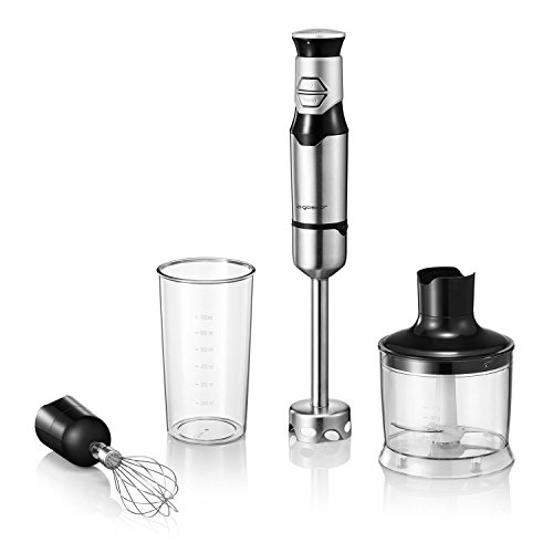 Aigostar Stirring Set Silver 30IOO - Set de batidora de mano, picadora y varilla mezcladora, 600 W, control graduable y dos velocidades. Libre de BPA, acero inoxidable tipo 304. Diseño exclusivo