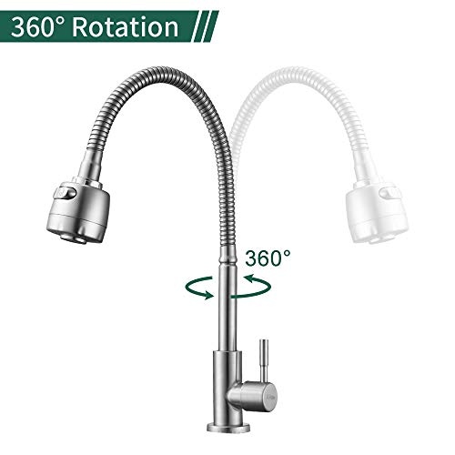 AiHom Grifo de Cocina Flexible para Agua Fría Grifo de 2 Funciones Rociador 360°Rotación Grifo Cepillado Grifo de Fregadero 304 Acero Inoxidable