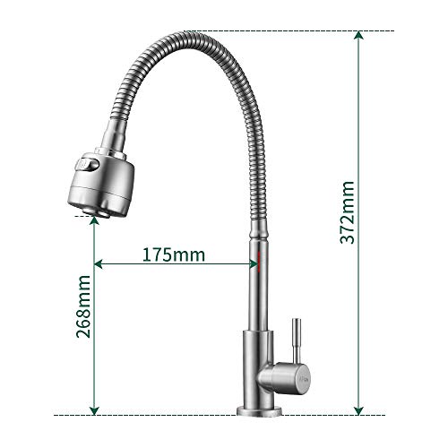 AiHom Grifo de Cocina Flexible para Agua Fría Grifo de 2 Funciones Rociador 360°Rotación Grifo Cepillado Grifo de Fregadero 304 Acero Inoxidable