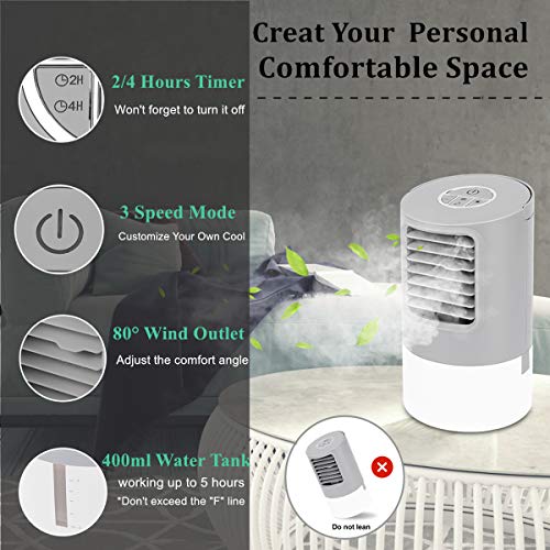 Aire Acondicionado Portátil Refrigeracion Mini Enfriador De Aire Silencioso Climatizador Evaporativo Ventilador Purificador Humidificador 7 Leds,3 Velocidades 2/4h Temporizador Para Coche Casa Oficina