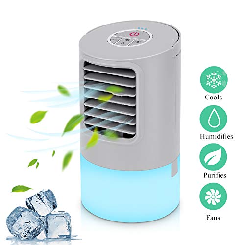 Aire Acondicionado Portátil Refrigeracion Mini Enfriador De Aire Silencioso Climatizador Evaporativo Ventilador Purificador Humidificador 7 Leds,3 Velocidades 2/4h Temporizador Para Coche Casa Oficina