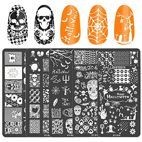 AirSMall5PCS Juego de placas para sellos de uñas de Halloween con varios patrones, telarañas, calabazas, murciélagos, calaveras, plantillas de sellos de imagen,decoración de uñas para Halloween