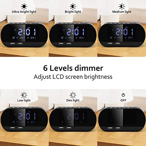 Aitsite Radio Despertador, FM Digital Radio Reloj Despertadores con Doble Puerto de Carga USB, Alarma doble con 5 Sonidos de Alarma, 10 Mins Snooze, 6 Brillos, Termómetro, 12/24 H, Batería de respaldo