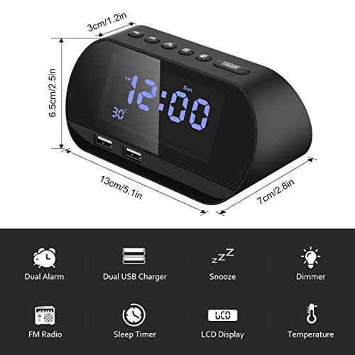 Aitsite Radio Despertador, FM Digital Radio Reloj Despertadores con Doble Puerto de Carga USB, Alarma doble con 5 Sonidos de Alarma, 10 Mins Snooze, 6 Brillos, Termómetro, 12/24 H, Batería de respaldo