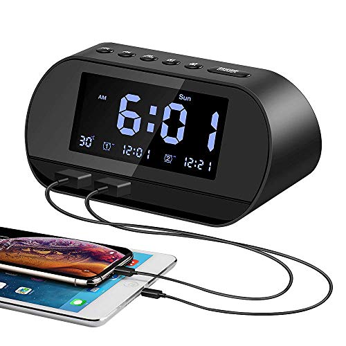 Aitsite Radio Despertador, FM Digital Radio Reloj Despertadores con Doble Puerto de Carga USB, Alarma doble con 5 Sonidos de Alarma, 10 Mins Snooze, 6 Brillos, Termómetro, 12/24 H, Batería de respaldo