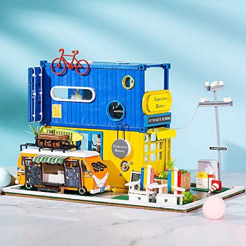 Ajcoflt Casa de muñecas en Miniatura de Bricolaje con Muebles y Luces LED Diseño de contenedor con camión de Catering Casa de Madera en 3D Cumpleaños creativos Festivales niños