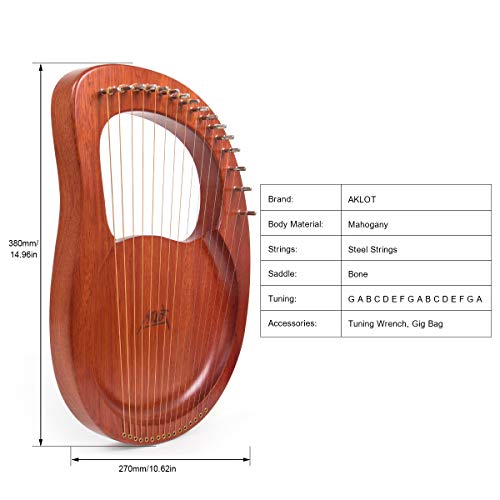 Aklot Arpa de lira,16 cuerdas de metal para sillín de hueso, arpa de caoba con pickup llave de afinación y bolsa negra