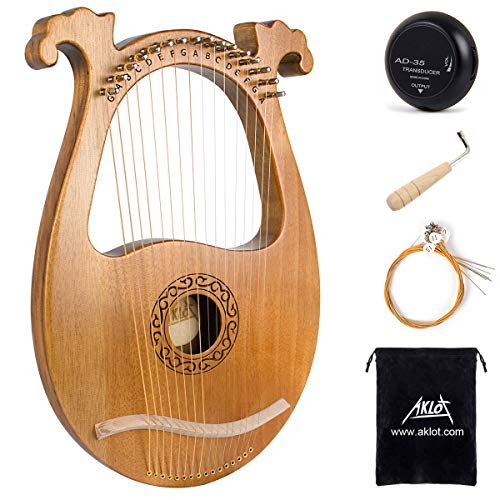 AKLOT Arpa lira Sillín de hueso de 16 cuerdas de metal Okoume Lye Harp con llave de afinación Pick UP y funda negra