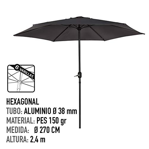 Aktive - Parasol hexagonal Garden diámetro 2,7 m - Mástil de aluminio 38 mm - Color gris (ColorBaby 53870)