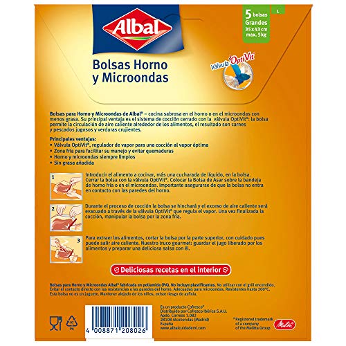 Albal Bolsas para horno y microondas, válvula de cierre, zona fría, capacidad máx. 5 kg, 5 unidades