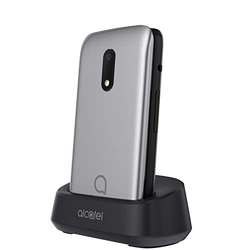 Alcatel 3026 - Teléfono móvil de fácil uso con tapa y base para cargar, botón SOS, Cámara 2MP con flash, teclas grandes, Plateado