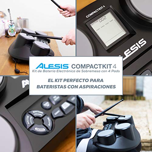 Alesis CompactKit 4 - Batería Electrónica de Sobremesa de 4 Pads Sensibles a la Velocidad, 70 Sonidos, Función de Entrenamiento y de Juego y Baquetas Incluidas, instrumento musical ideal para niños