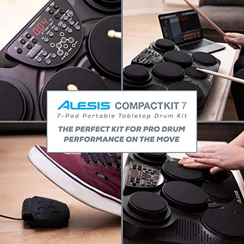 Alesis CompactKit 7 - Batería Electrónica de Sobremesa de 7 Pads Sensibles a la Velocidad, 265 Sonidos y Melodías de Percusión, Salida USB-MIDI, Pedales y Baquetas incluidas