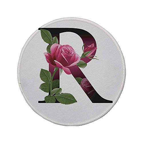 Alfombrilla de ratón Redonda de Goma Antideslizante Letra R símbolo R en mayúscula con la Flor del Amor Letra de Fuente Inspirada en la Naturaleza Alfabeto Decorativo Rosa Verde Negro 7.9"x7.9"x3M