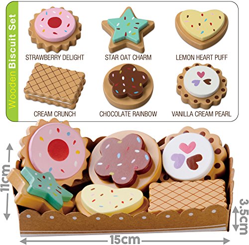 Alimento de juguete, Selección de 6 Galletas de Madera, 6 galletas con la selección y cartón resistente bandeja de papel