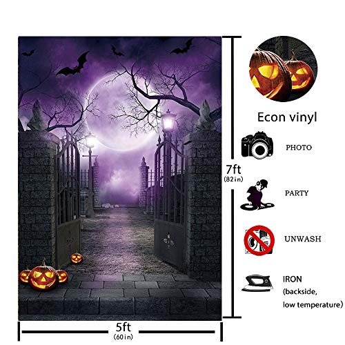 Allenjoy - Fondo para fotografía de Halloween, diseño de puerta gótica, color morado y luna miedo, calabazas para fiestas de fotos y decoraciones de fotos, 1,5 x 2,1 m