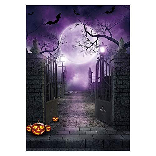 Allenjoy - Fondo para fotografía de Halloween, diseño de puerta gótica, color morado y luna miedo, calabazas para fiestas de fotos y decoraciones de fotos, 1,5 x 2,1 m