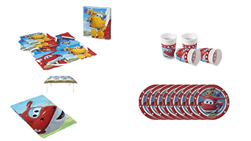 ALMACENESADAN 1076, Pack Fiesta o cumpleaños Superwings; 1 Mantel Fiesta de plástico 120x180cm, 20 servilletas, 8 Vasos y 8 Platos de 20 cm