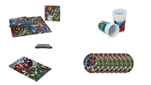 ALMACENESADAN 1077, Pack Desechables cumpleaños Fiestas y cumpleaños Avengers, compuestopor Mantel Fiesta plástico 120x180 cm, por 8 Platos, 8 Vasos y 20 servilletas