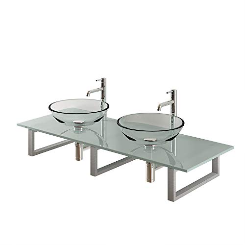 Alpenberger - Moderno lavabo doble de 42 cm de diámetro de vidrio templado de 12 mm con placa de vidrio opalino de 140 cm de diámetro y consola de acero inoxidable para lavabo, perfecto para su baño