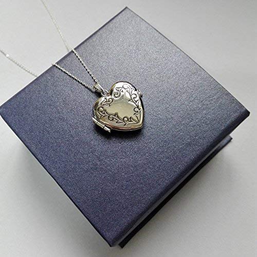 Alylosilver Collar Colgante Guardapelo de Plata De Ley para Mujer con Forma de Corazon con Cenefa - Incluye Cadena de Plata de 45 cm. y Estuche para Regalo