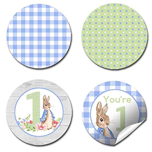 AmandaCreation - Etiquetas adhesivas para primer cumpleaños con diseño de conejo pequeño para niños, 300 círculos, tamaño de 1,9 cm, ideal para regalos de fiesta, sellos de sobres y bolsas de dulces
