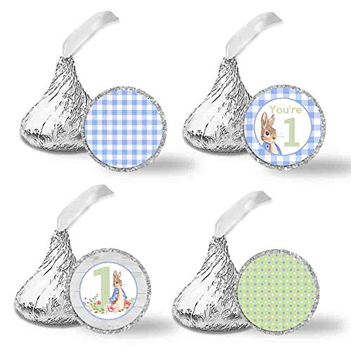 AmandaCreation - Etiquetas adhesivas para primer cumpleaños con diseño de conejo pequeño para niños, 300 círculos, tamaño de 1,9 cm, ideal para regalos de fiesta, sellos de sobres y bolsas de dulces