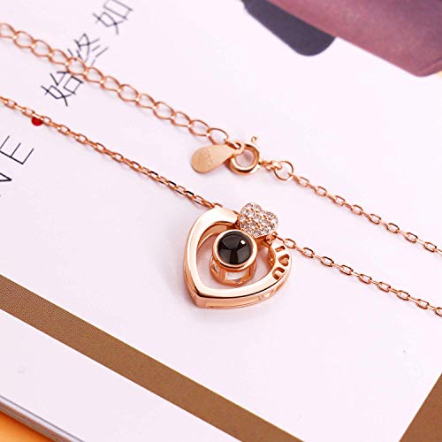 Amaza S925 Plata de Ley 100 Idiomas Te Amo Collar con Caja de Regalo de Joyería Elegante - Colgante Proyeccion Te Quiero 100 Idiomas para El Dia de San Valentin (Heart In Rose Gold)