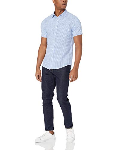 Amazon Essentials - Camisa de lino a rayas, de manga corta y corte entallado para hombre, Azul (Blue Gingham), US M (EU M)