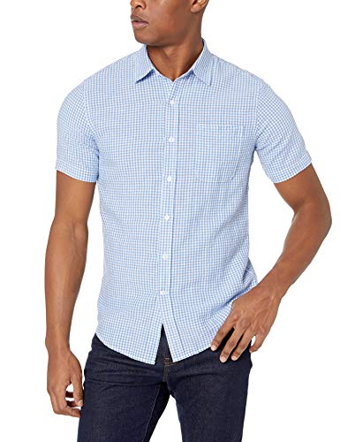 Amazon Essentials - Camisa de lino a rayas, de manga corta y corte entallado para hombre, Azul (Blue Gingham), US M (EU M)