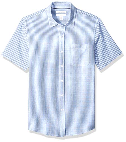 Amazon Essentials - Camisa de lino a rayas, de manga corta y corte entallado para hombre, Azul (Blue Gingham), US M (EU M)