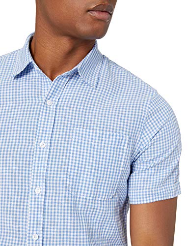 Amazon Essentials - Camisa de lino a rayas, de manga corta y corte entallado para hombre, Azul (Blue Gingham), US M (EU M)