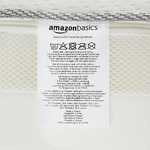 AmazonBasics Colchón extra confort de muelles de 7 zonas, 135 x 190 cm - Medium Hard (H3 / H3 +)