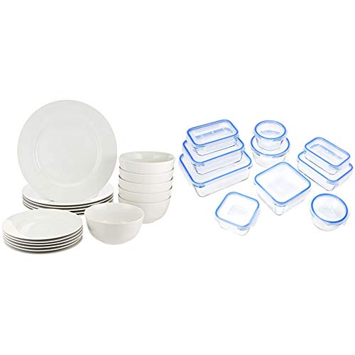 AmazonBasics - Vajilla para 6 personas (18 piezas) + Recipientes de cristal para alimentos, con cierre 20 piezas (10 envases + 10 tapas), sin BPA