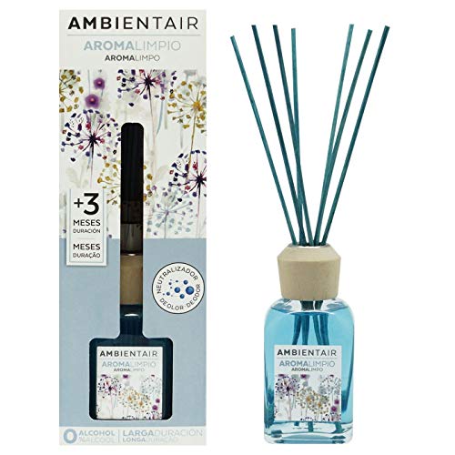 Ambientair. Difusor de Varillas perfumadas. Ambientador Mikado Aroma Limpio, difusor con palitos de ratán. El Mejor ambientador sin Alcohol para casa. Ambientador para la Cocina y baño.