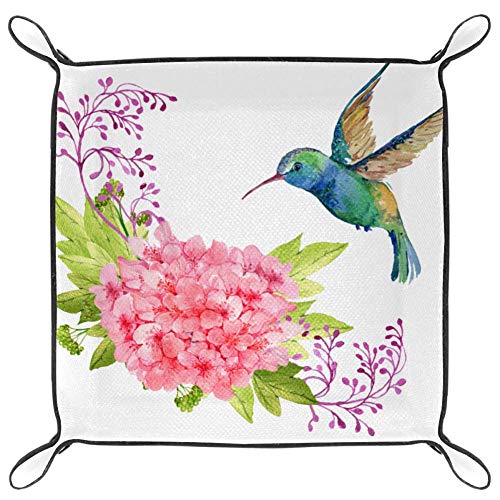 Amili Colibrí en flor roja decorativa de cuero para joyas, mesita de noche, diseño de hebilla, caja de almacenamiento para llaves, teléfono, moneda, cartera, relojes, etc., café