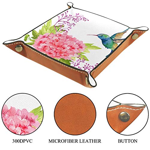 Amili Colibrí en flor roja decorativa de cuero para joyas, mesita de noche, diseño de hebilla, caja de almacenamiento para llaves, teléfono, moneda, cartera, relojes, etc., café