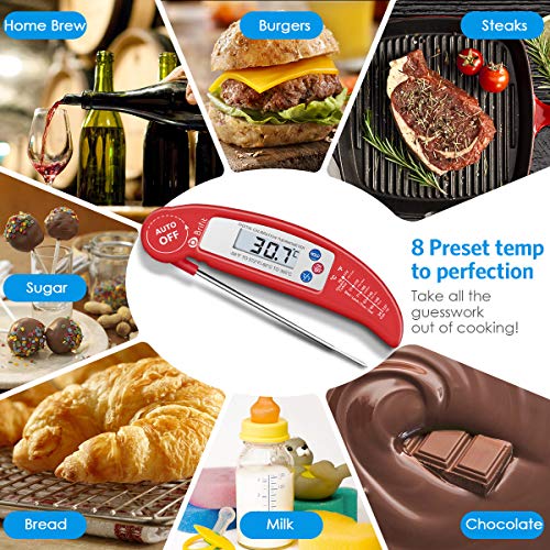 Amir Termometro Cocina, Termómetro Digital de Sonda para Alimentos con Alta Precisión, Lectura Instantánea 4S-7S, para Cocinar en la Cocina, Barbacoa, Plegable, Encendido/Apagado Automático - Rojo