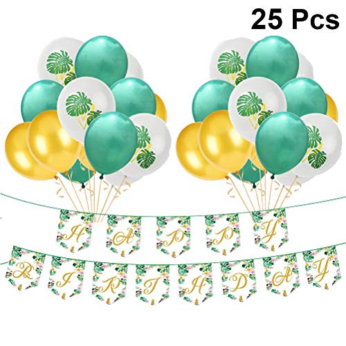 Amosfun - 25 globos de látex hawaiano con forma de hoja de palma, sin poste (8 globos verdes, 8 globos dorados, 1 pancarta y 8 globos de impresión)