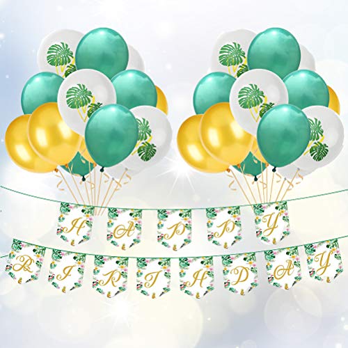 Amosfun - 25 globos de látex hawaiano con forma de hoja de palma, sin poste (8 globos verdes, 8 globos dorados, 1 pancarta y 8 globos de impresión)