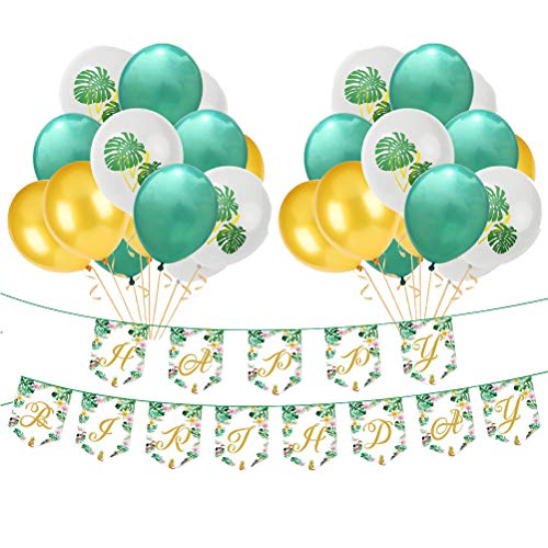 Amosfun - 25 globos de látex hawaiano con forma de hoja de palma, sin poste (8 globos verdes, 8 globos dorados, 1 pancarta y 8 globos de impresión)