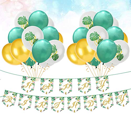 Amosfun - 25 globos de látex hawaiano con forma de hoja de palma, sin poste (8 globos verdes, 8 globos dorados, 1 pancarta y 8 globos de impresión)