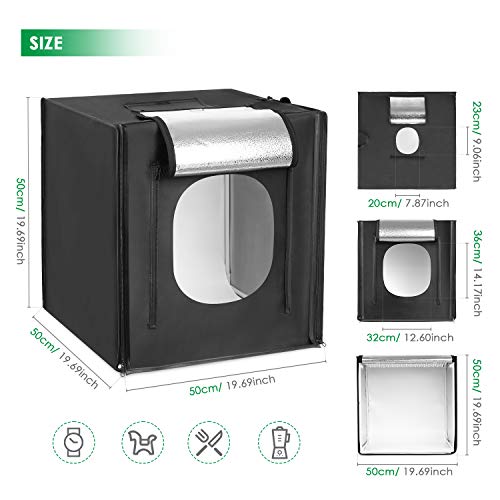 Amzdeal Caja de Fotografía Caja de Luz Portátil 50 x 50 x 50 cm para Hacer Fotos con 3 Fondos(Blanco/Negro/Naranja)+ 2 Tiras de LED y Bolsa de Transporte,Nueva versión