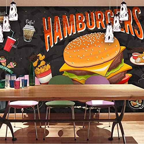 Anasc Papel Tapiz Mural Personalizado, 3D Western Burger Fried Chicken Murales de Comida rápida Restaurante Mural Wall Cloth-200(W) x 140(H) cm