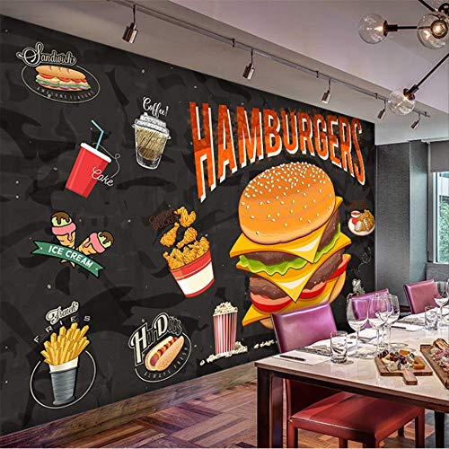 Anasc Papel Tapiz Mural Personalizado, 3D Western Burger Fried Chicken Murales de Comida rápida Restaurante Mural Wall Cloth-200(W) x 140(H) cm