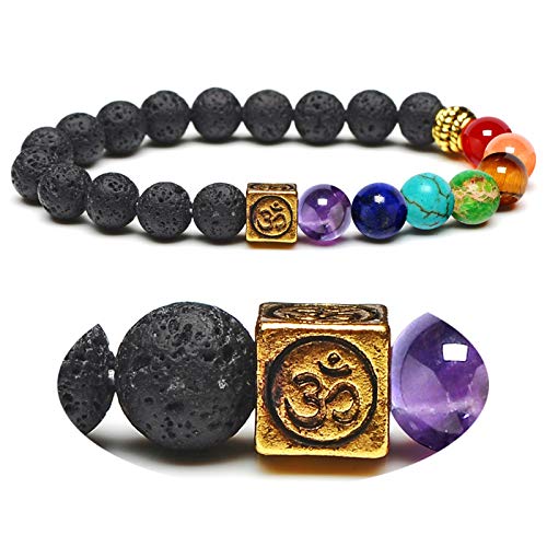 AnazoZ Brazaletes Anchos 8 MM Pulsera Piedras Naturales 7 Chakras Pulsera Piedra de Lava con Cubo Grabado Mantra Estilo D Pulsera 17.5 CM