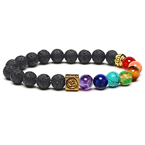 AnazoZ Brazaletes Anchos 8 MM Pulsera Piedras Naturales 7 Chakras Pulsera Piedra de Lava con Cubo Grabado Mantra Estilo D Pulsera 17.5 CM