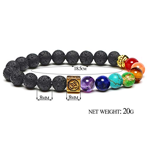 AnazoZ Brazaletes Anchos 8 MM Pulsera Piedras Naturales 7 Chakras Pulsera Piedra de Lava con Cubo Grabado Mantra Estilo D Pulsera 17.5 CM