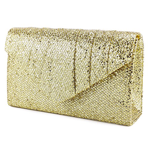 Anladia Bolso de Mujer Noche para Banquete Embrague con Brillo Exterior Plisadas Bandolera Moldeado (Dorado)